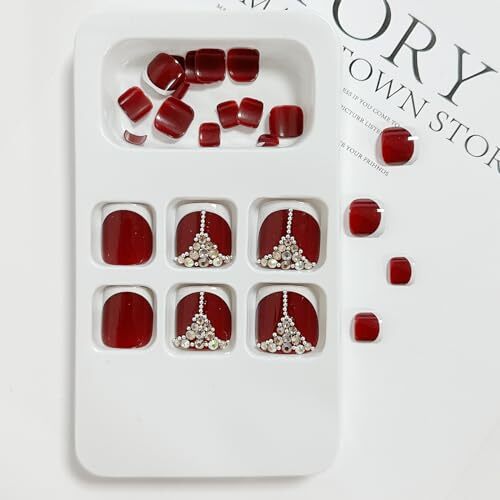 Red Press on Toenails French Tip Fake Toenail Rhinestone False Nail Style-18