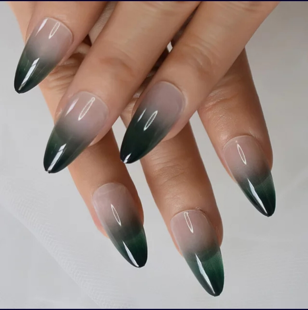 24 Medium Press on nails kit w glue dark green ombre nude winter almond