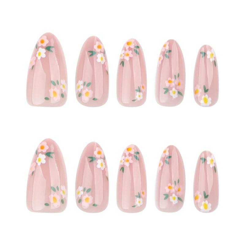 24 Pcs Lovely Flowers False Nail Sweet Press On Nail Almond Shape Acrylic Nail