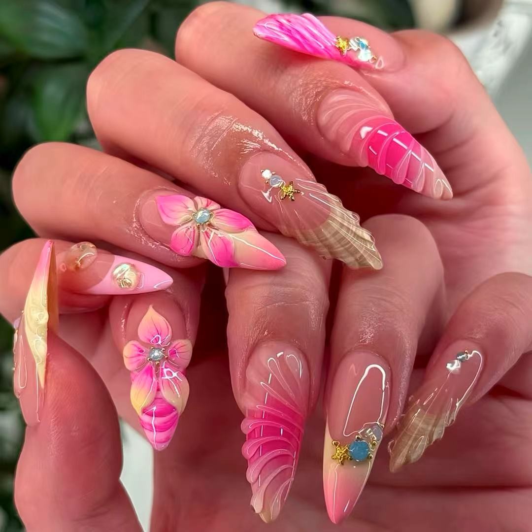 Pink Gradient Carved Shell Star INS Style Sweet Press On Nails Wholesale