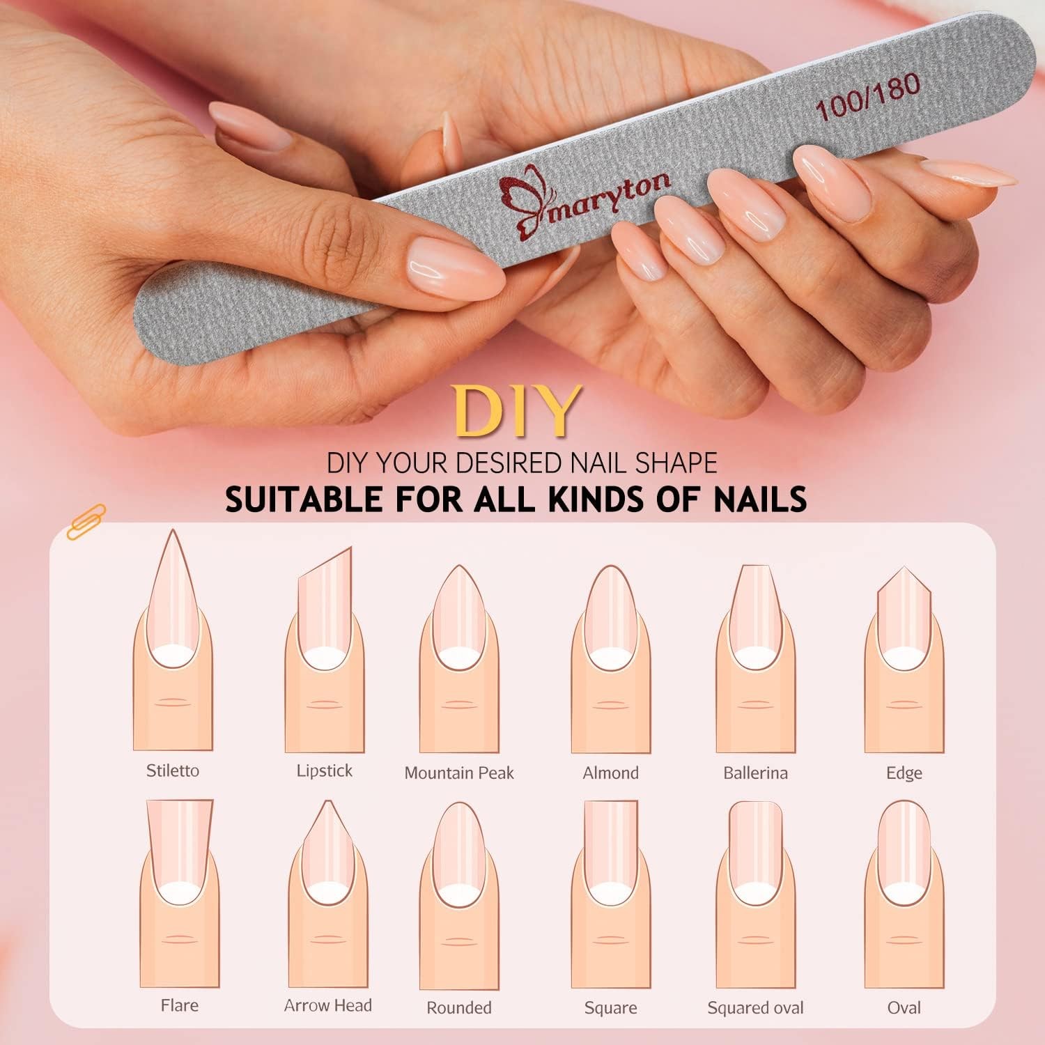 Maryton Nail File Emery Board 100/180 Grit for Acrylic Nails Poly l
