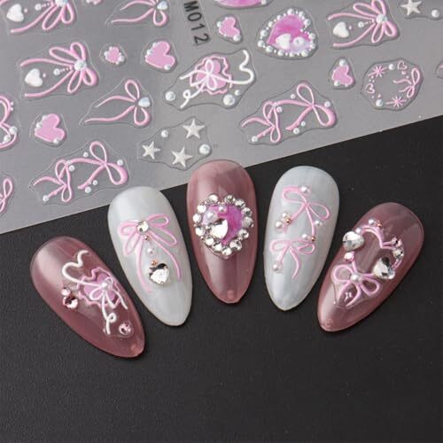 2 Sheets Pink Valentines Day Nail Stickers 3D Self Adhesive Heart Nail Art