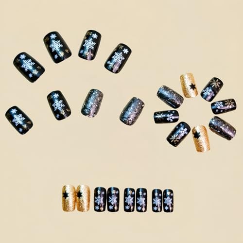Christmas Press On Nails Medium Black Fake Nails Square christmas-medium13