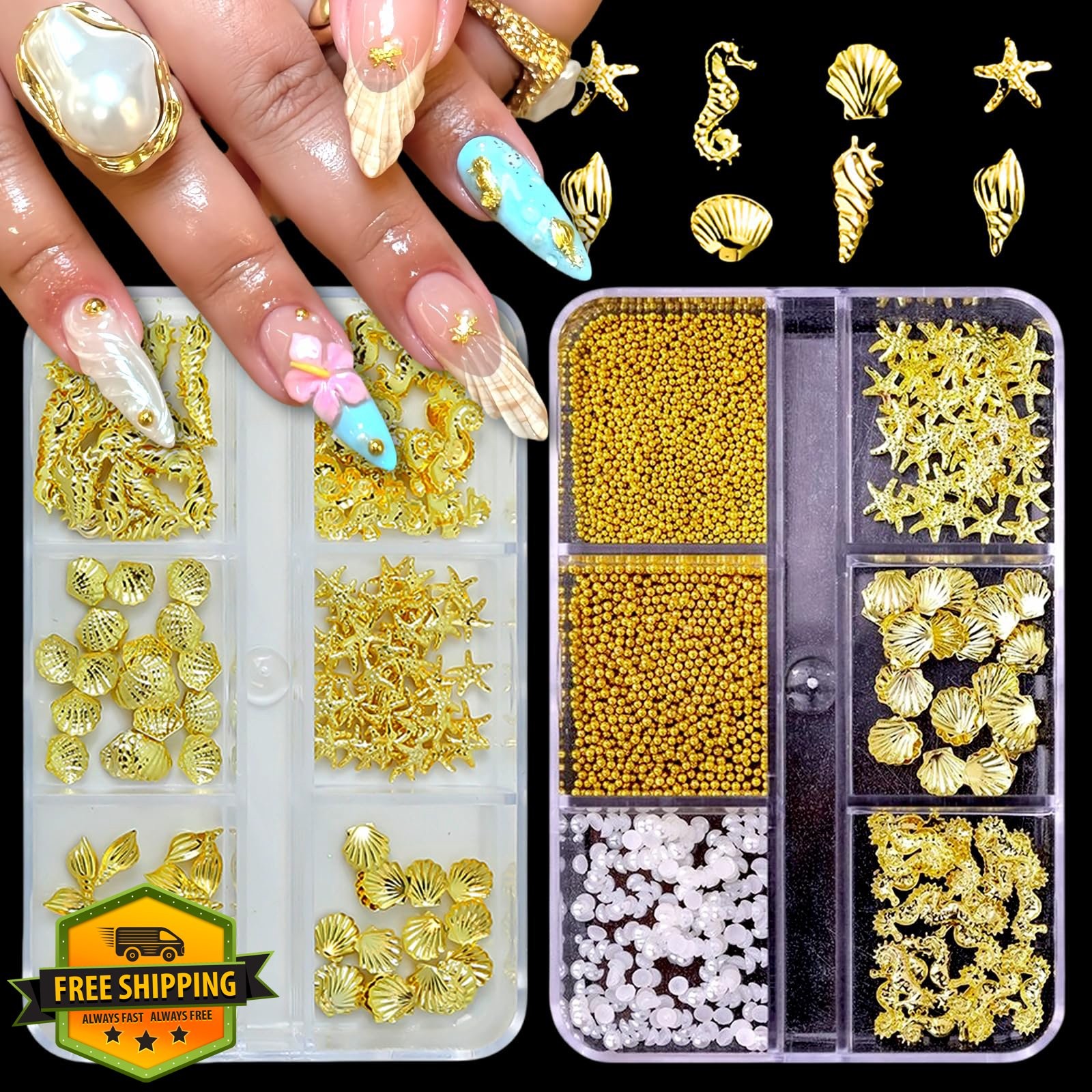 SHUXILIN Nail Gems, Metal Shell Starfish Charms, Marine Theme