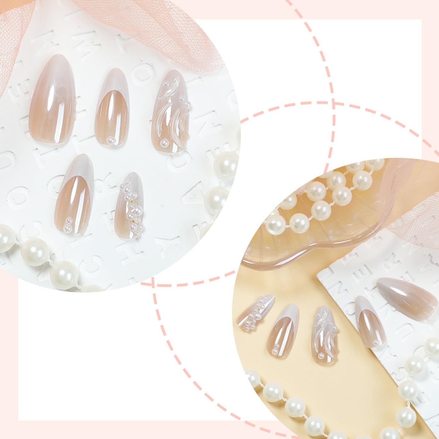 Almond Press on Nails Medium Fake Nails with 3D Pearls Designs White Gradient…
