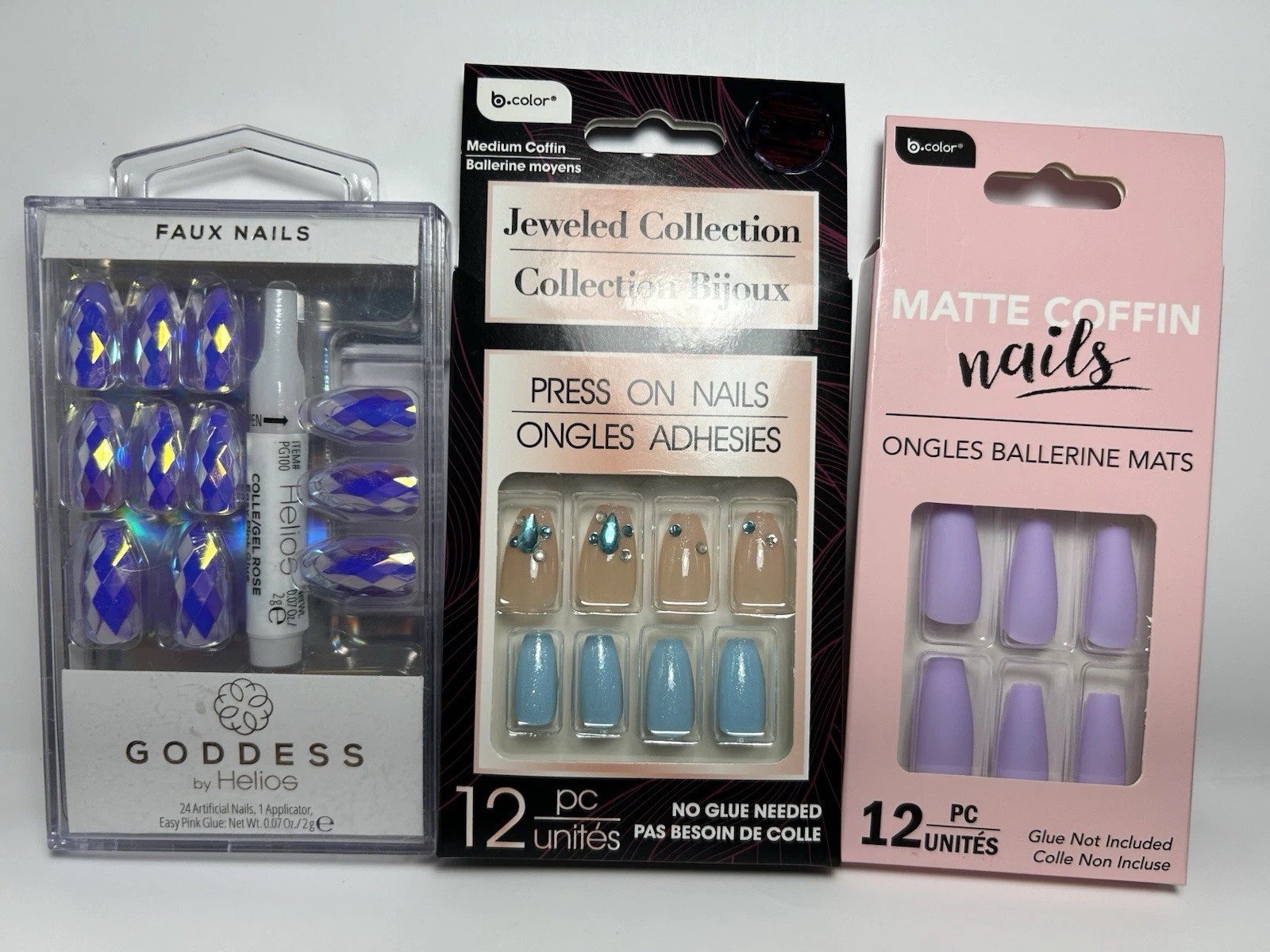 3 X Faux Nails (1 w/ Glue ) Purple,Blue, Matte, Sparkly, Metallic~LOT OF 3~NIB!