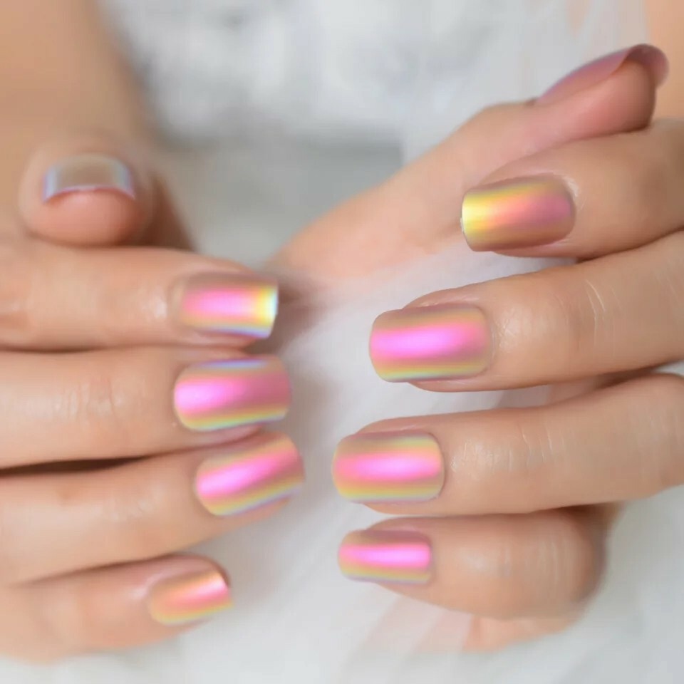 Holographic Press on Nails Sunset Rust Matte Metallic with glue