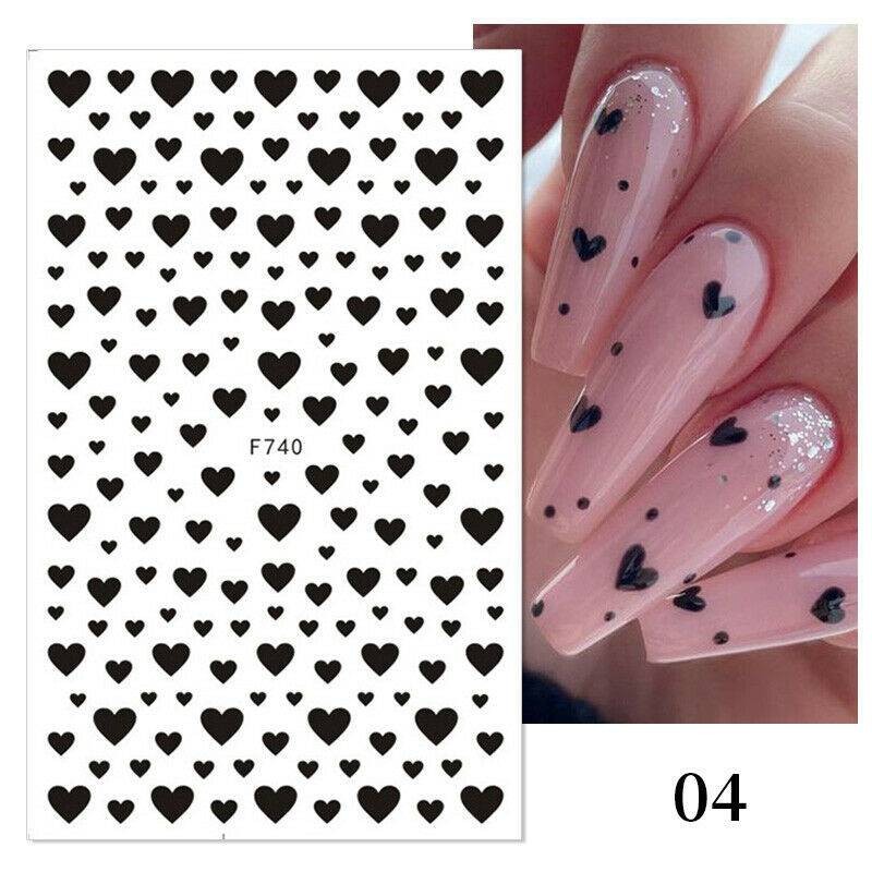 DIY Nail Stickers Love Heart Nail Art Manicure Black White Red Design Decals 3D