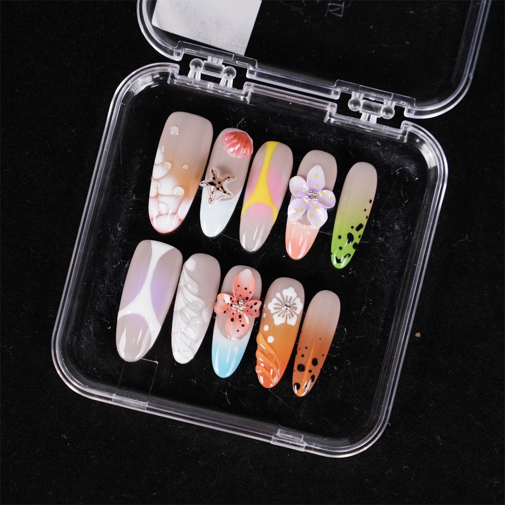 Handmade Summer Ocean Floral Press on Nails Shell Starfish Glossy Fake Nails