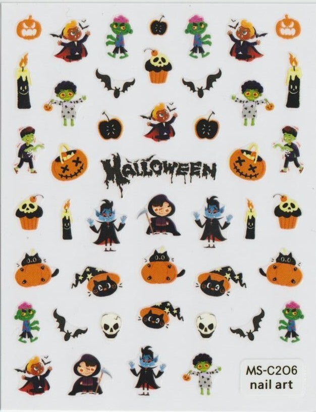 Halloween Nail Art Stickers, Pumpkins, Ghosts, Witch, Black Cat, Bat, Zombie