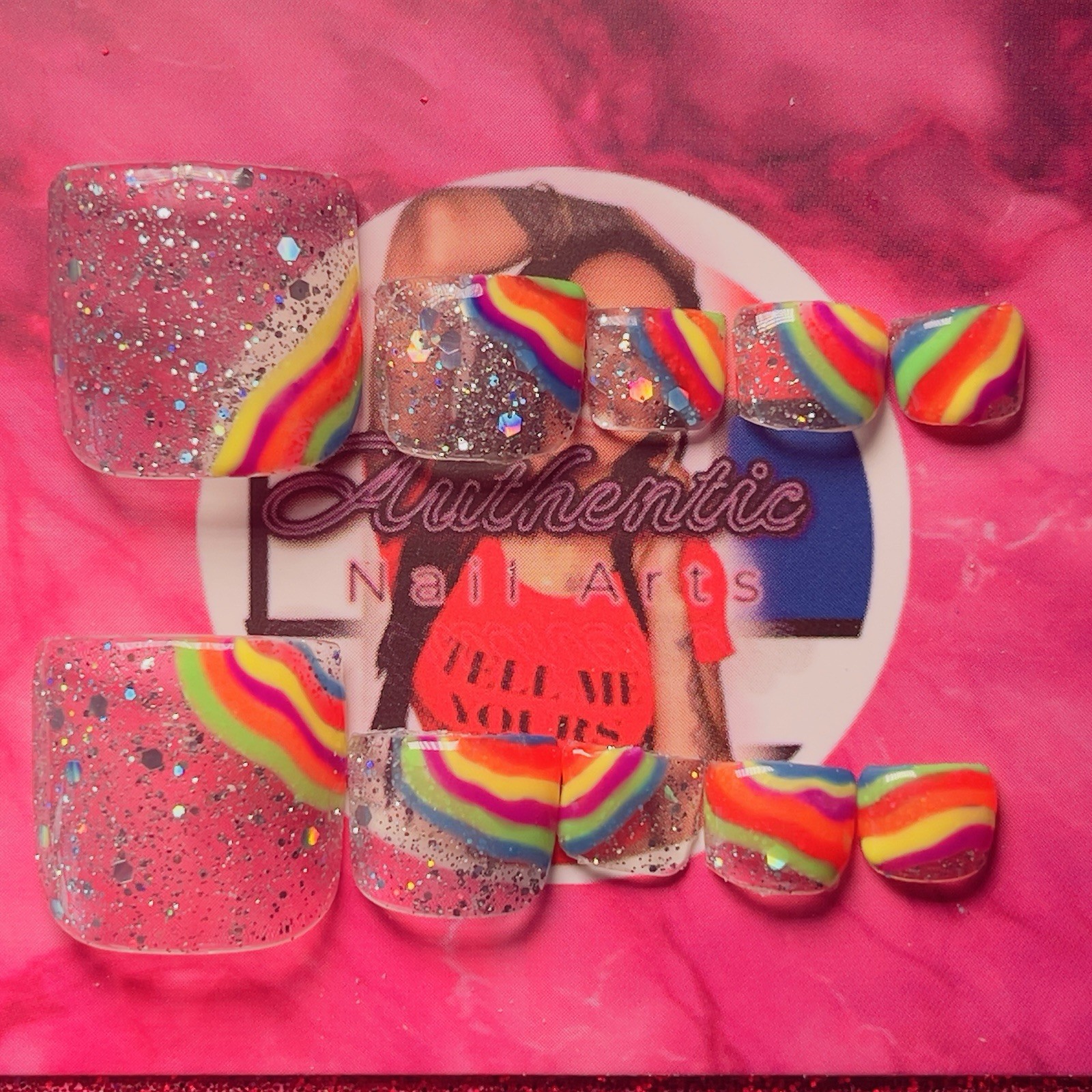 Authentic Nail Arts by Dia Square Press-On Toe Nails Rainbow Glitter Shiny Short