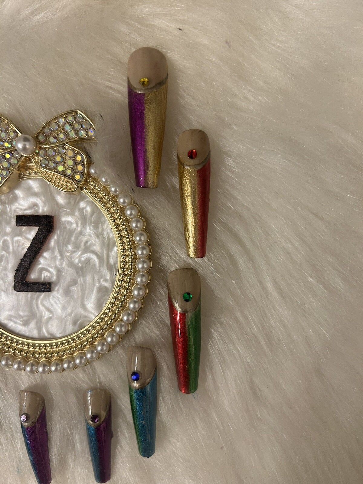 Z NAILZ! Gorgeous Set Of 2XL Metallic Rainbow Color Press On Nails With Stone