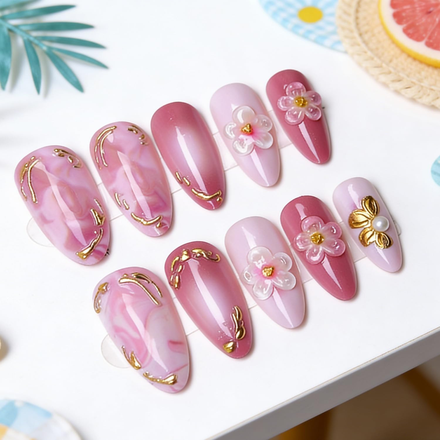 24Pcs Pink Press on Nails Medium Almond Fake Nails with 3D Pink Gold Floral Line