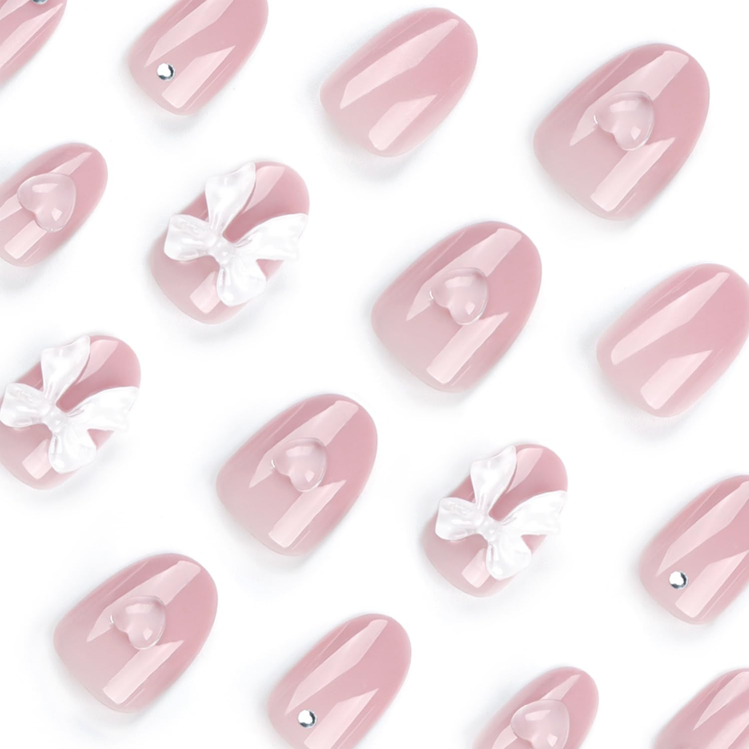 24Pcs Nude Pink Press on Nails Solid Color Short round Fake Nails 3D Love Bow Ch