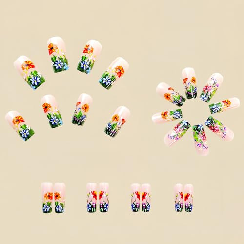 24 Pcs Flower Press on Nails Medium Fake Nails Square Shape False Style-A12
