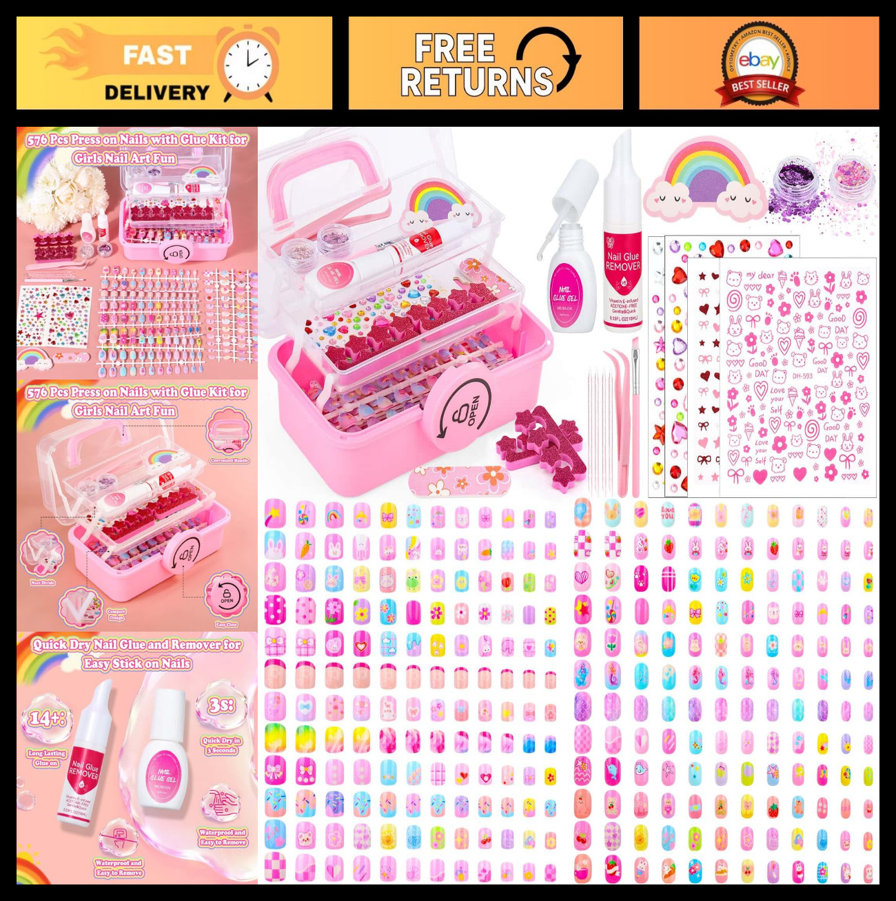 576 Pcs Kids Press-On Nail Art Kit with Glue & Storage Case, Cute Gift for Ages