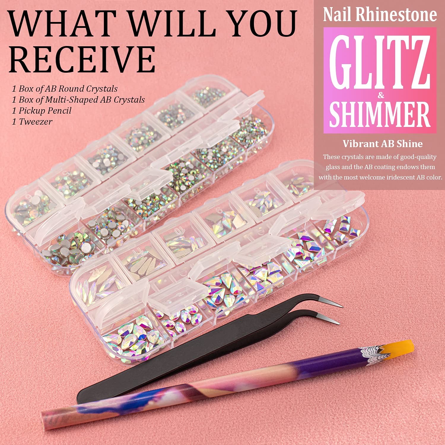 Multi Shapes 3D Glass AB Crystal Nail Art Rhinestones Kit with Flatback Round…