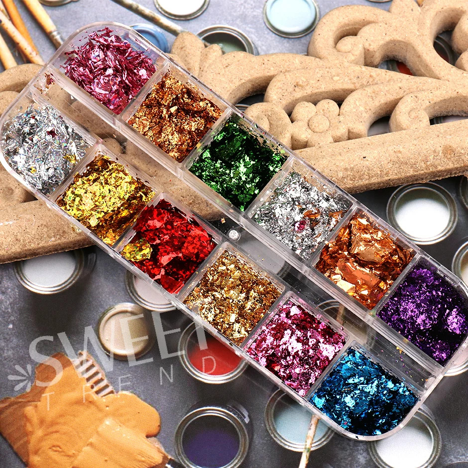 12Grids Holographic Gold Foils Nail Flakes Splendor Leaf Craft Irregular