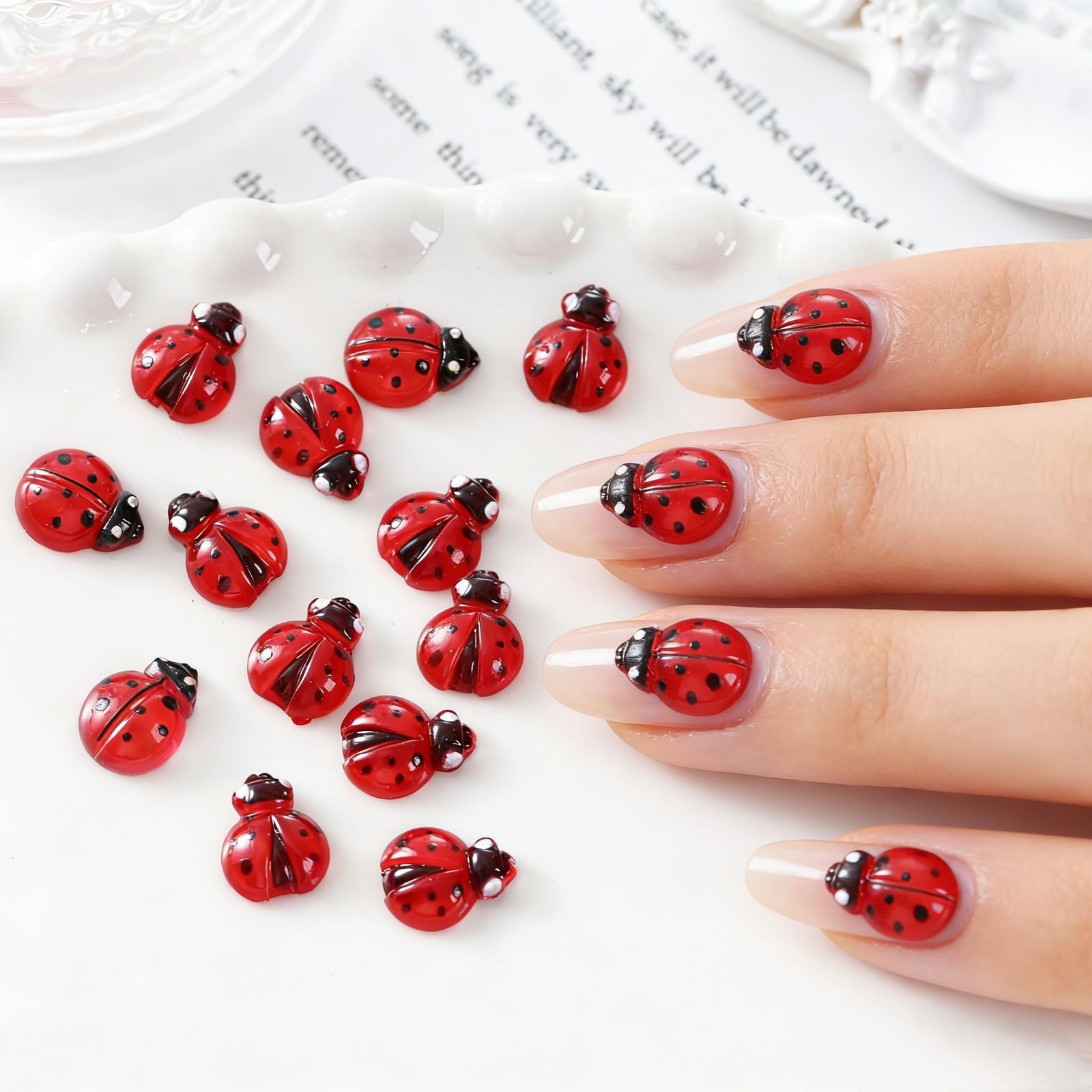 Tephrent 200Pcs Red 3D Ladybug Nail Charms Rhinestones Insect Gems