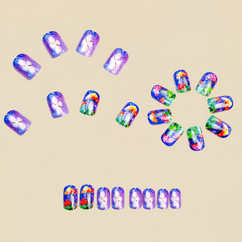 48 Pcs Color Mushroom Purple Glitter Coffin Press on Nails, Cute Nude Fake Nails