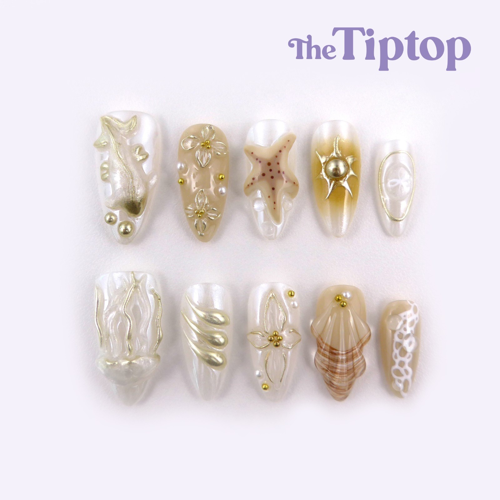 Reusable Nails | Mermaid Nails | Summer Beach Nails | Pearl Seashell Nails | M22