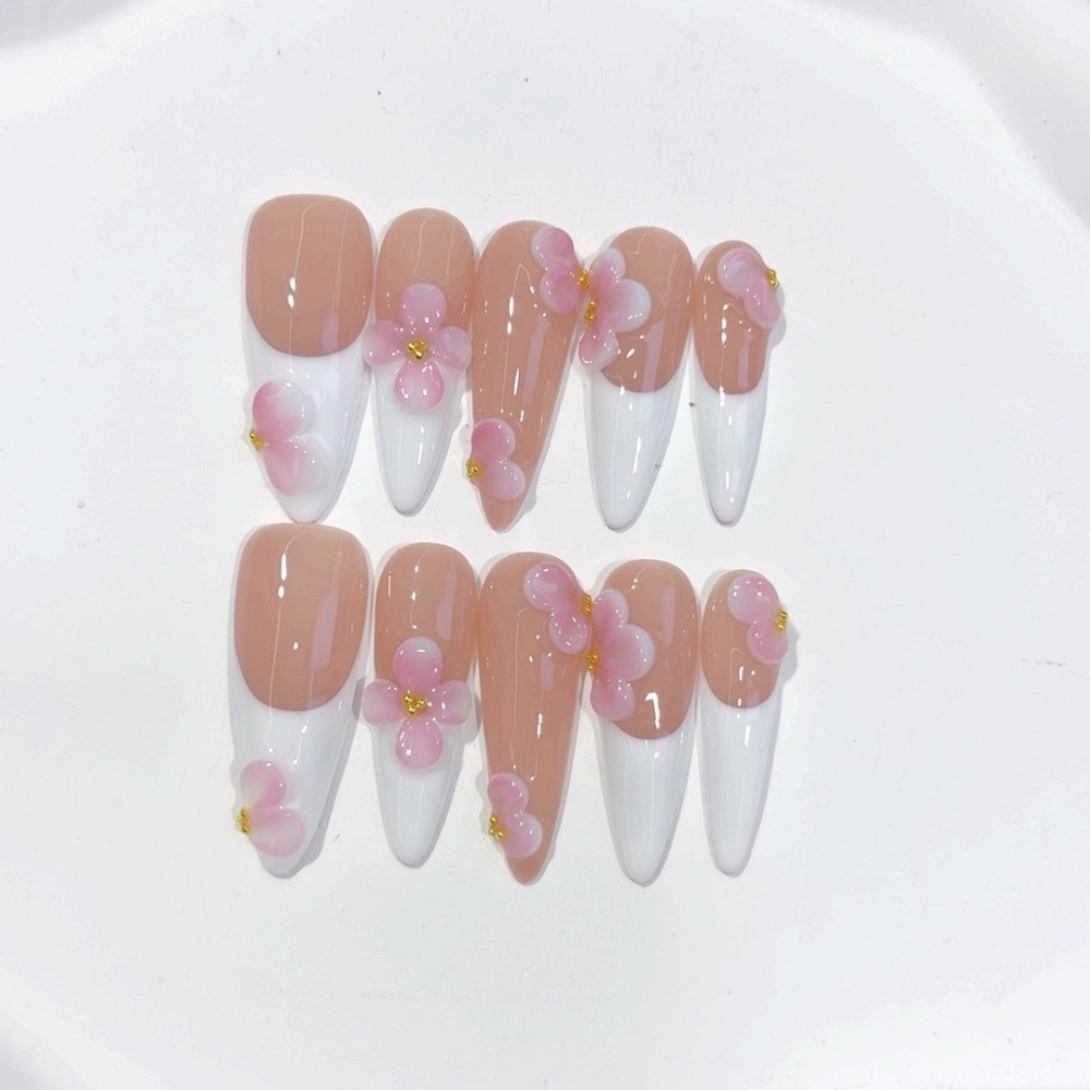 10pcs Nude French Press on Nails 3D Pink Flower Gold Pearl Long Stiletto Tips