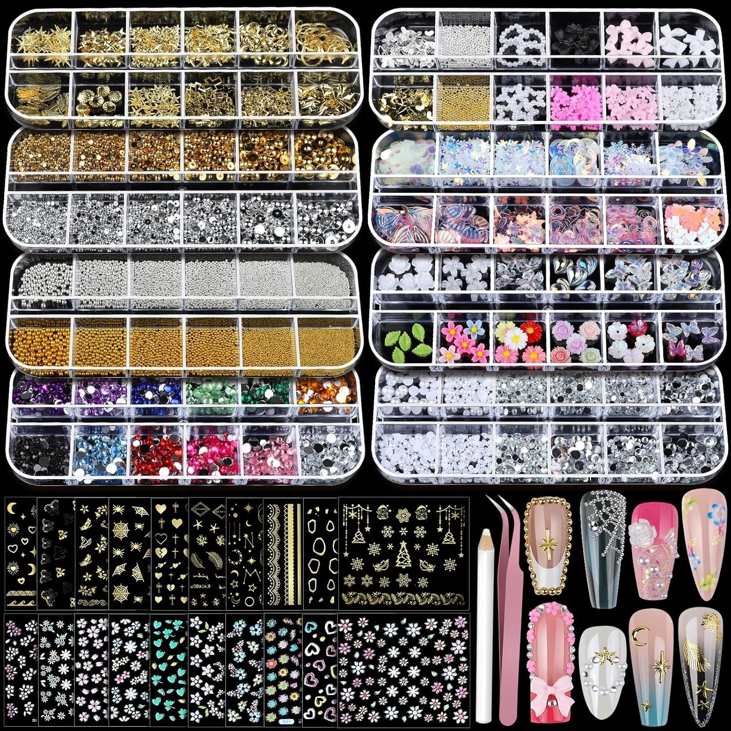 Nail Art Kit 8 Boxes Nails Gems Pearls Charms Stickers Rhinestones Accessories
