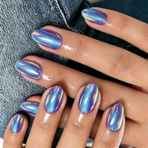 Chrome Press On Nails Short Oval – 32 Pcs Glazed Royal Blue Fake Nails Press