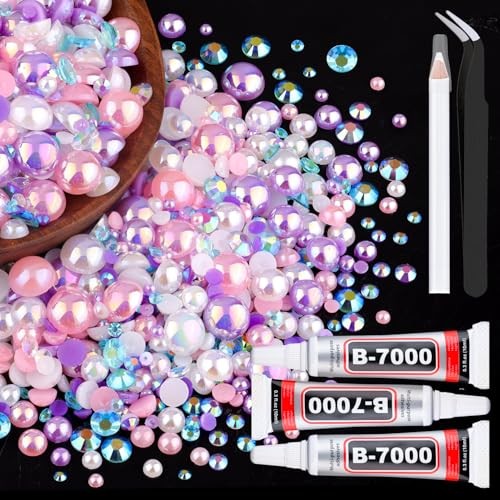 80g Flatback Pearls and Rhinestones for Crafting, Pink Purple 3 80g Pink Purple