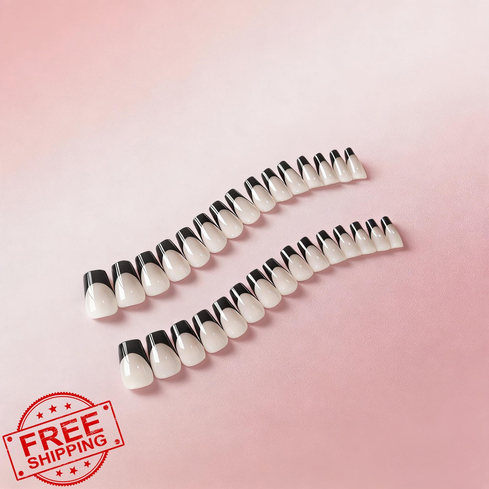 SXVME Press on Nails Medium Black French Coffin