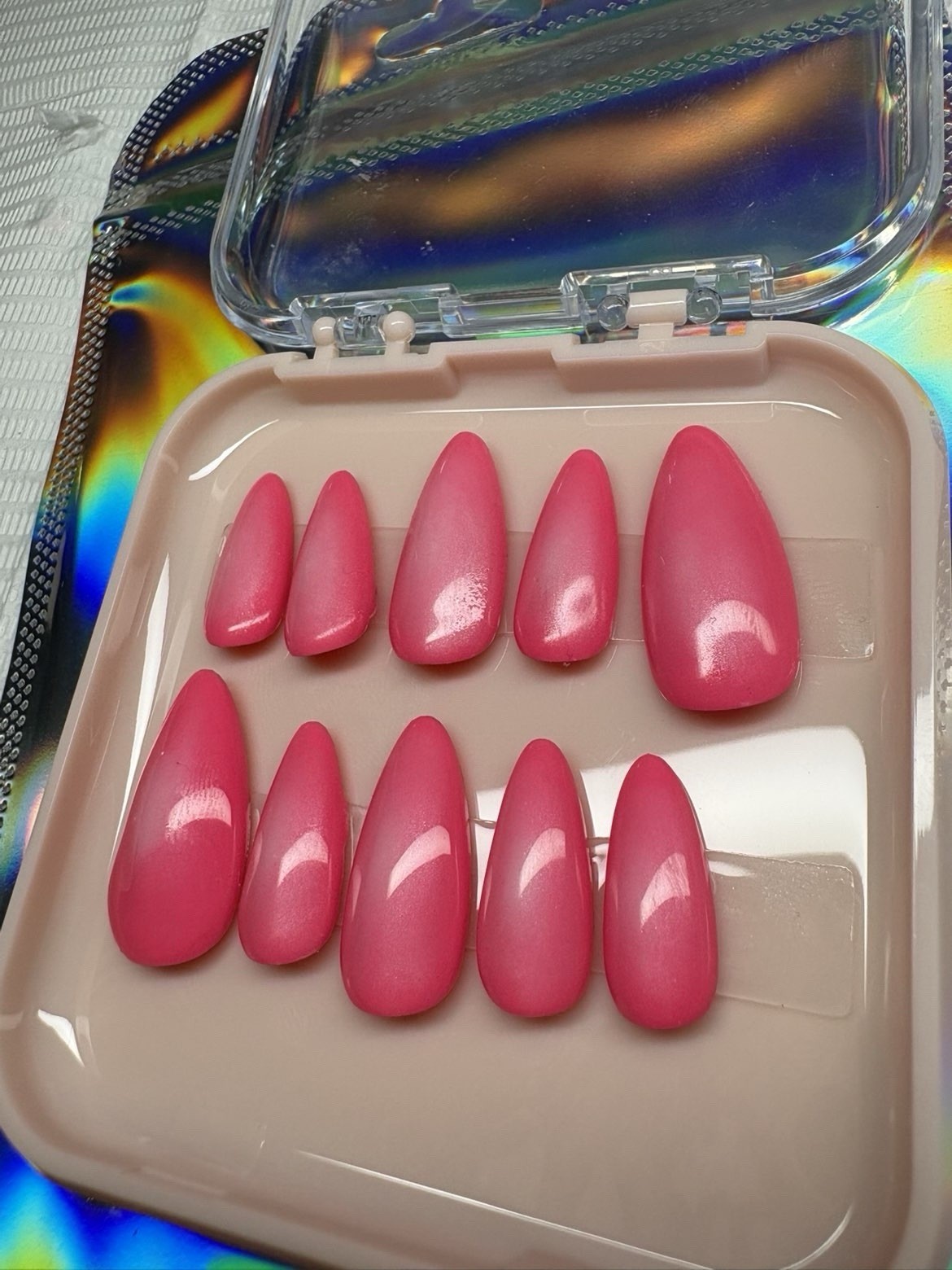 Hot Pink Ombre Press-On Nails | Medium Almond | Glossy Hand Painted Nail Set