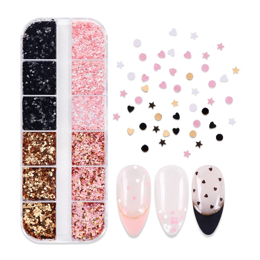 12 Grids Mixed Nail Glitter Flakes Heart Star Shape Sparkly Nail Art Decoration