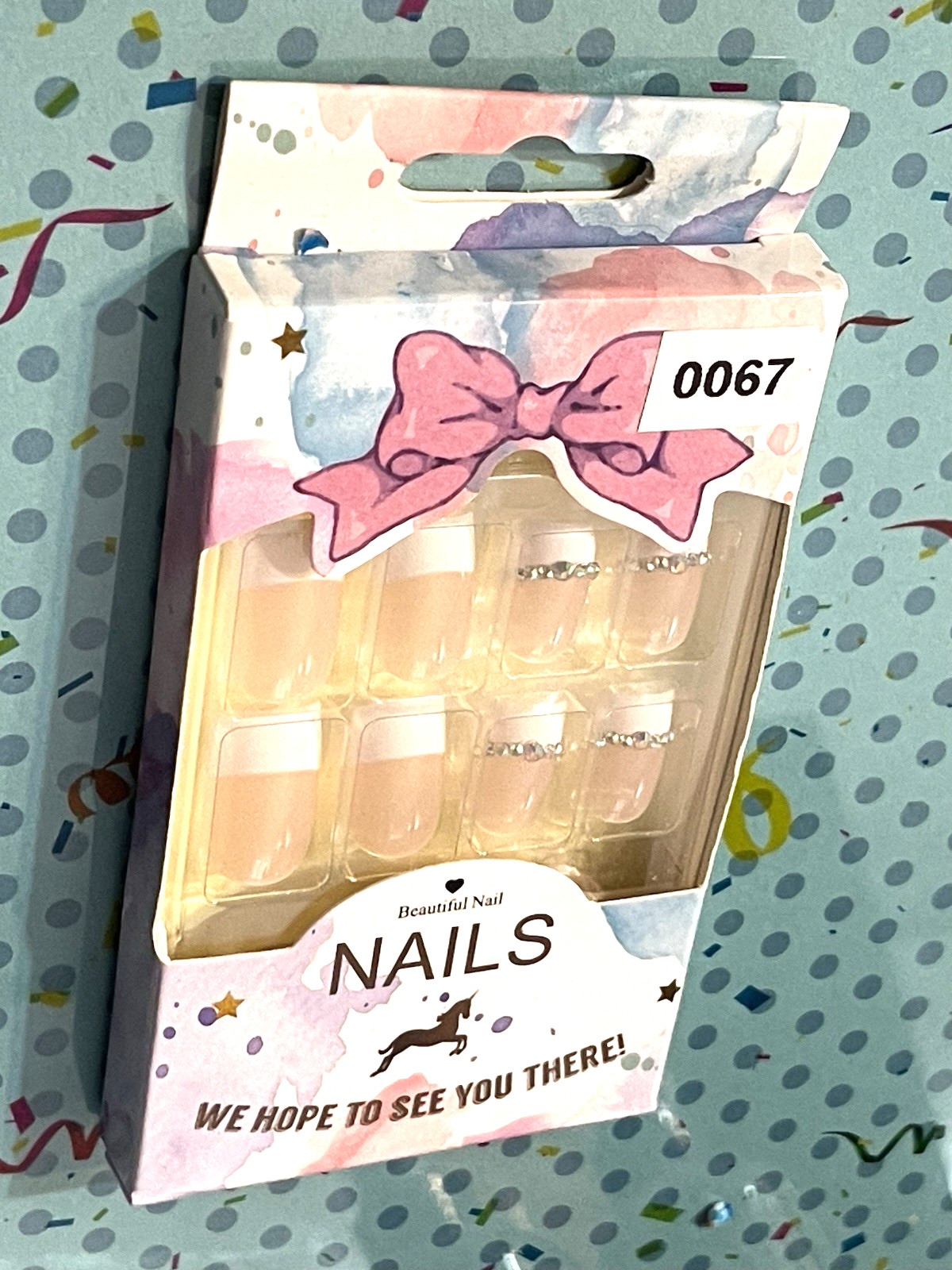 Beautiful Nails NUDE with WHITE FRENCH TIP & RHINESTONES Press On Manicure NIB