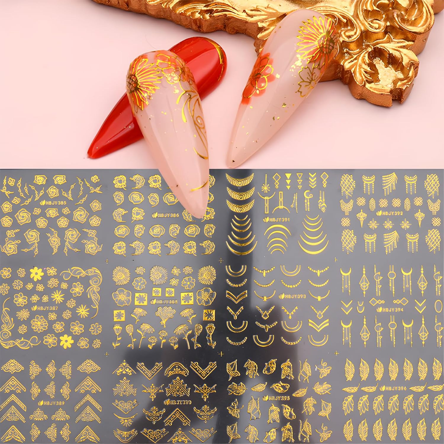 12 Sheets Gold Flower Nail Art Stickers 3D Self Adhesive Gold Leaf Lace Nail Dec