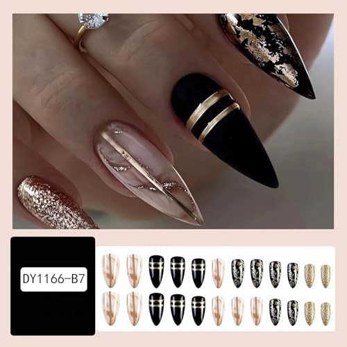 Black Amber Press on Nails Almond Fake Nails Medium Length Gold Foil style2