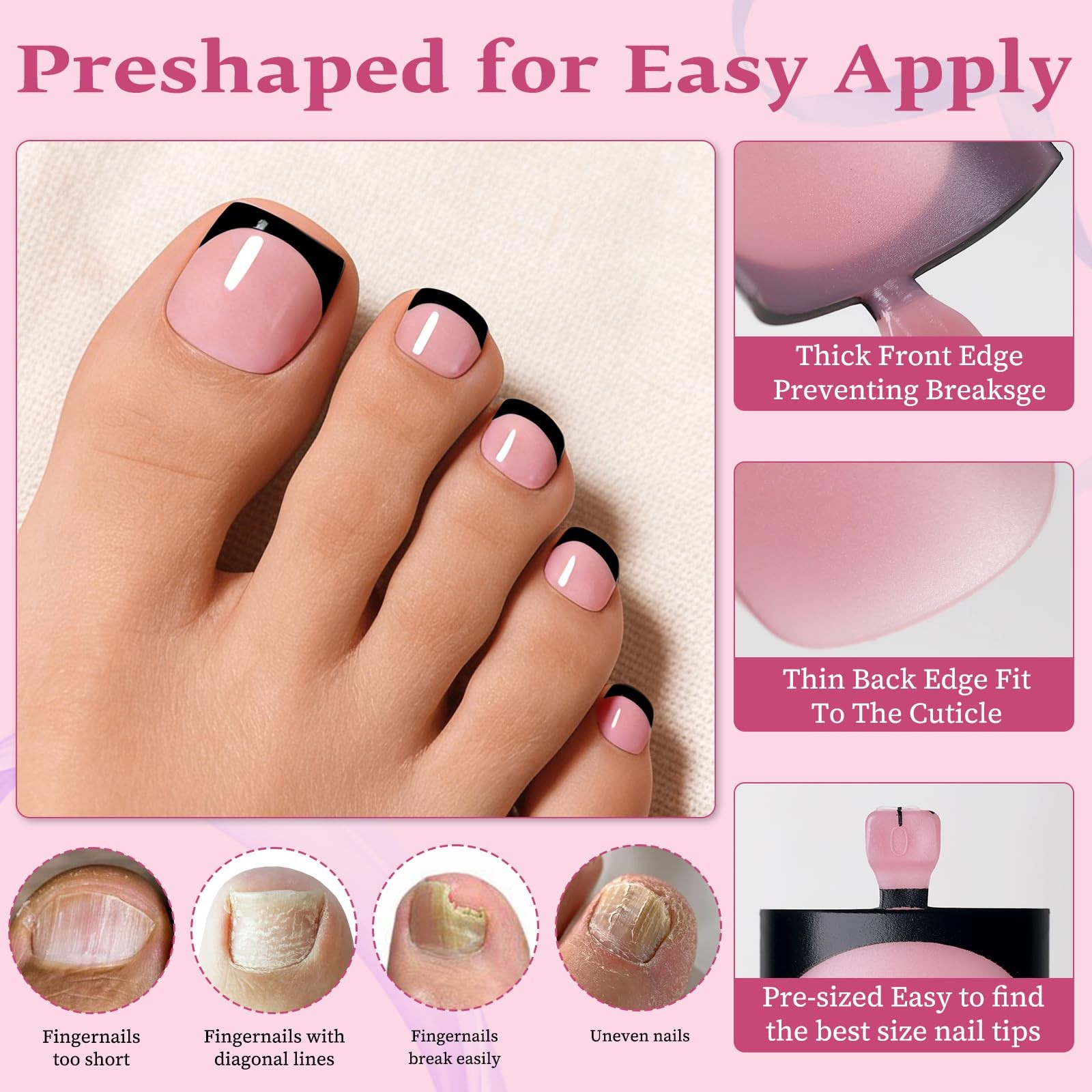 180pc Black French Tip Press on Toenails with Glue, French Tip Toe Nails Pres…