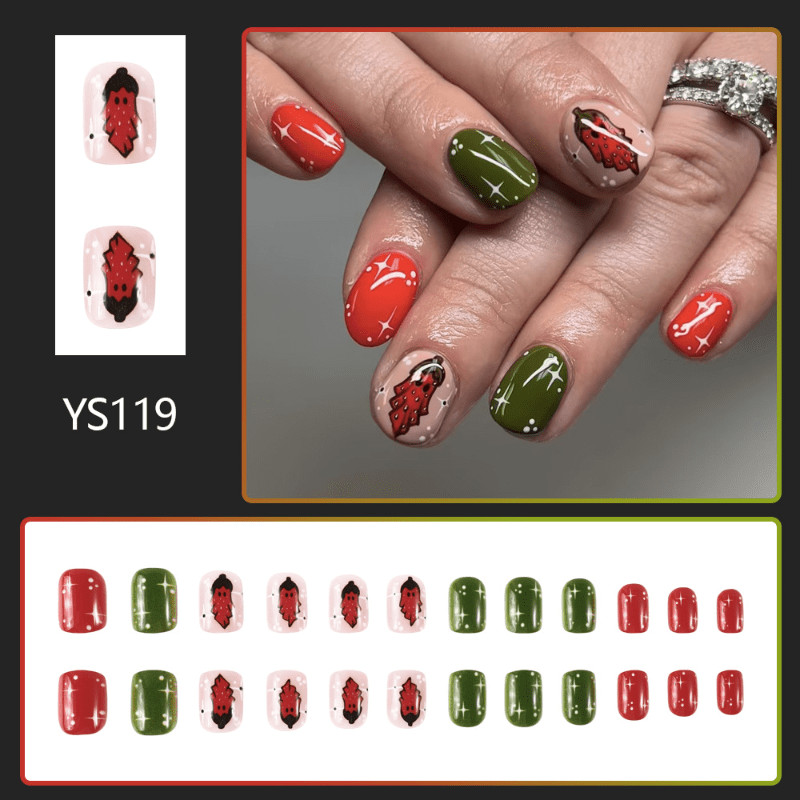48Pcs-Short Round Red Green Strawberry Star Hand Painted Press on Nails