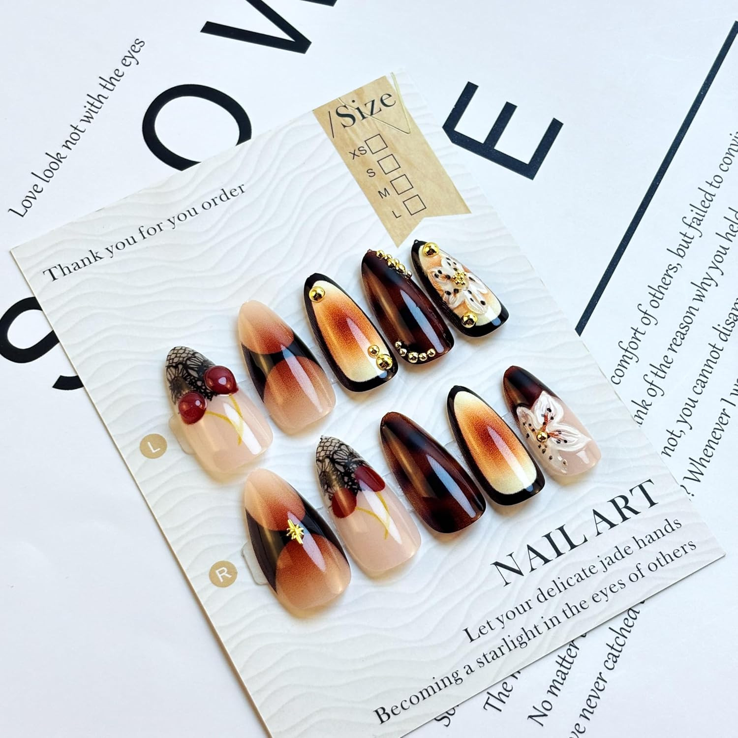 24Pcs Brown Flower Press on Nails Medium Almond Fake Nails 3D Cherry Floral Desi