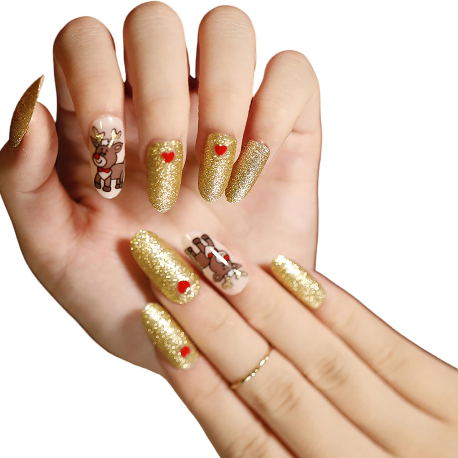 Christmas Press on Nails Oval Long Length, 24Pcs Gold Artificial Winter Fake Nai