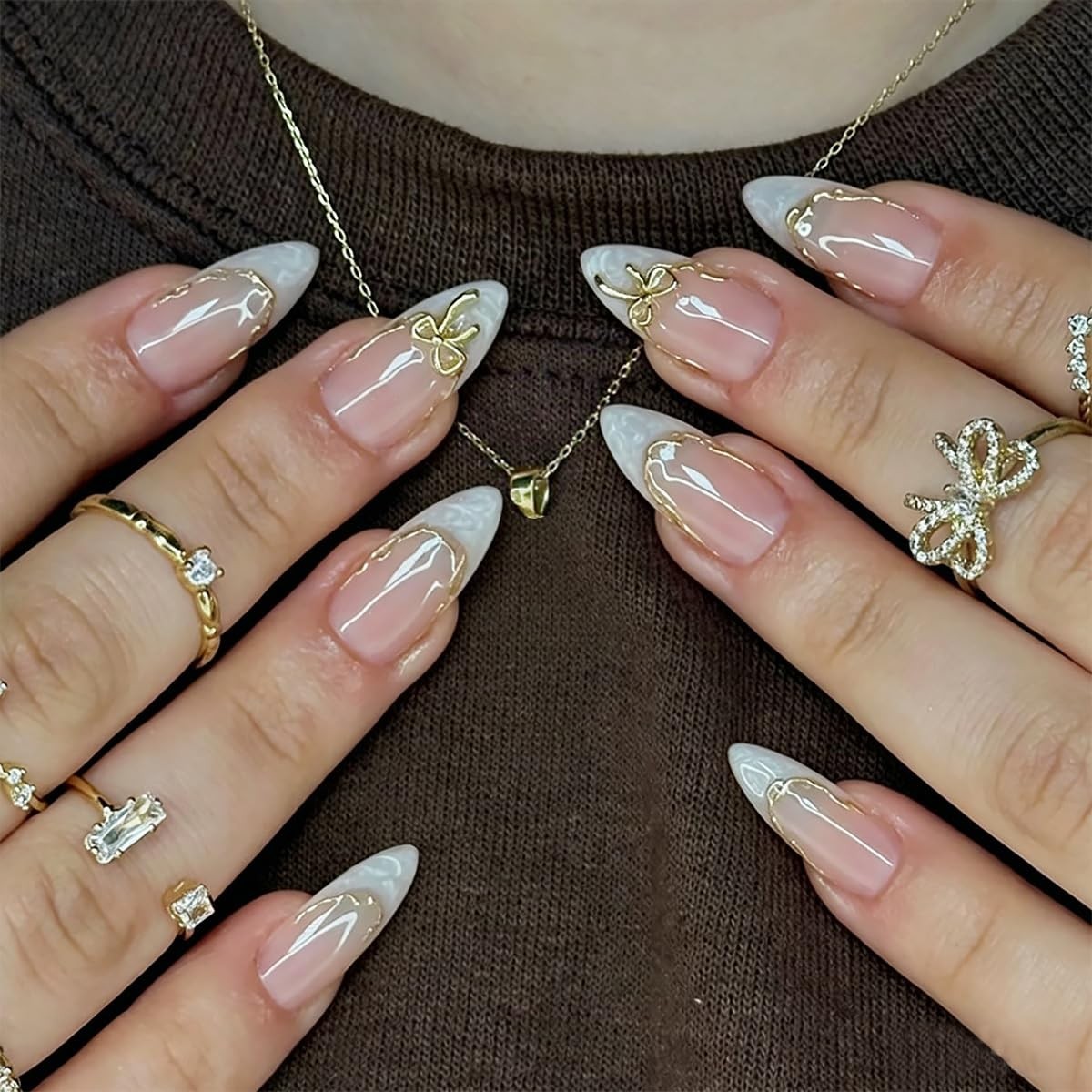 24pcs White French Tip Press on Nails Medium Almond Fake Medium, Multicolor