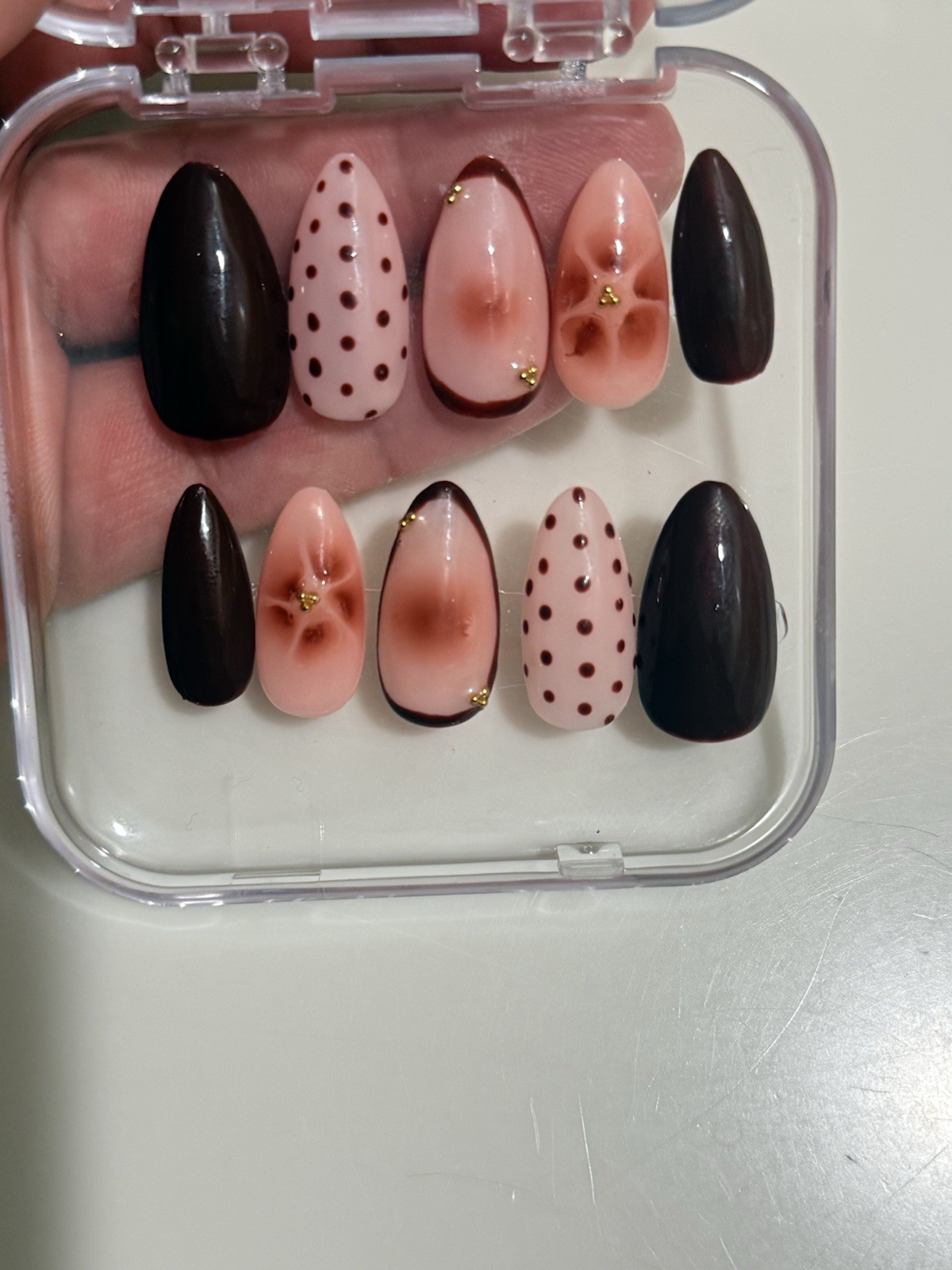 Handmade Dark brown & Pink Floral Almond Press-On Nails Medium Full Cover
