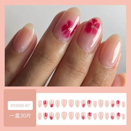 Short Press on Nails Almond Nails Pink Flower Press Ons with Design Cute Styl 6