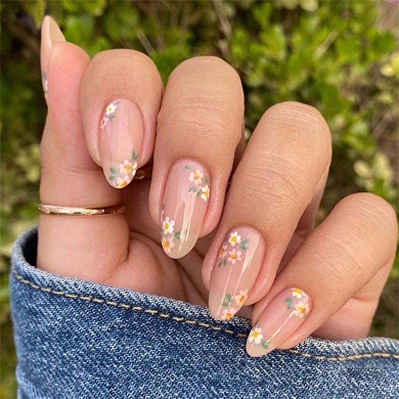 24 Pcs Lovely Flowers False Nail Sweet Press On Nail Almond Shape Acrylic Nail