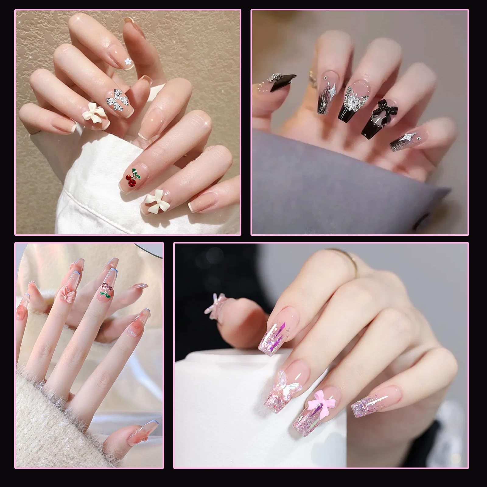 Uotey 3D Bows Nail Charms, Pink Color White Red Black Bows Flowers Pearls Nai…