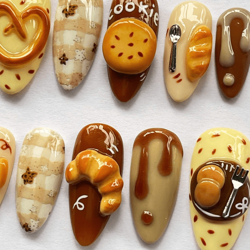 Cookie Croissant Handmade Press on Nails Bread Drip Food Cute Gloss Fake Nails