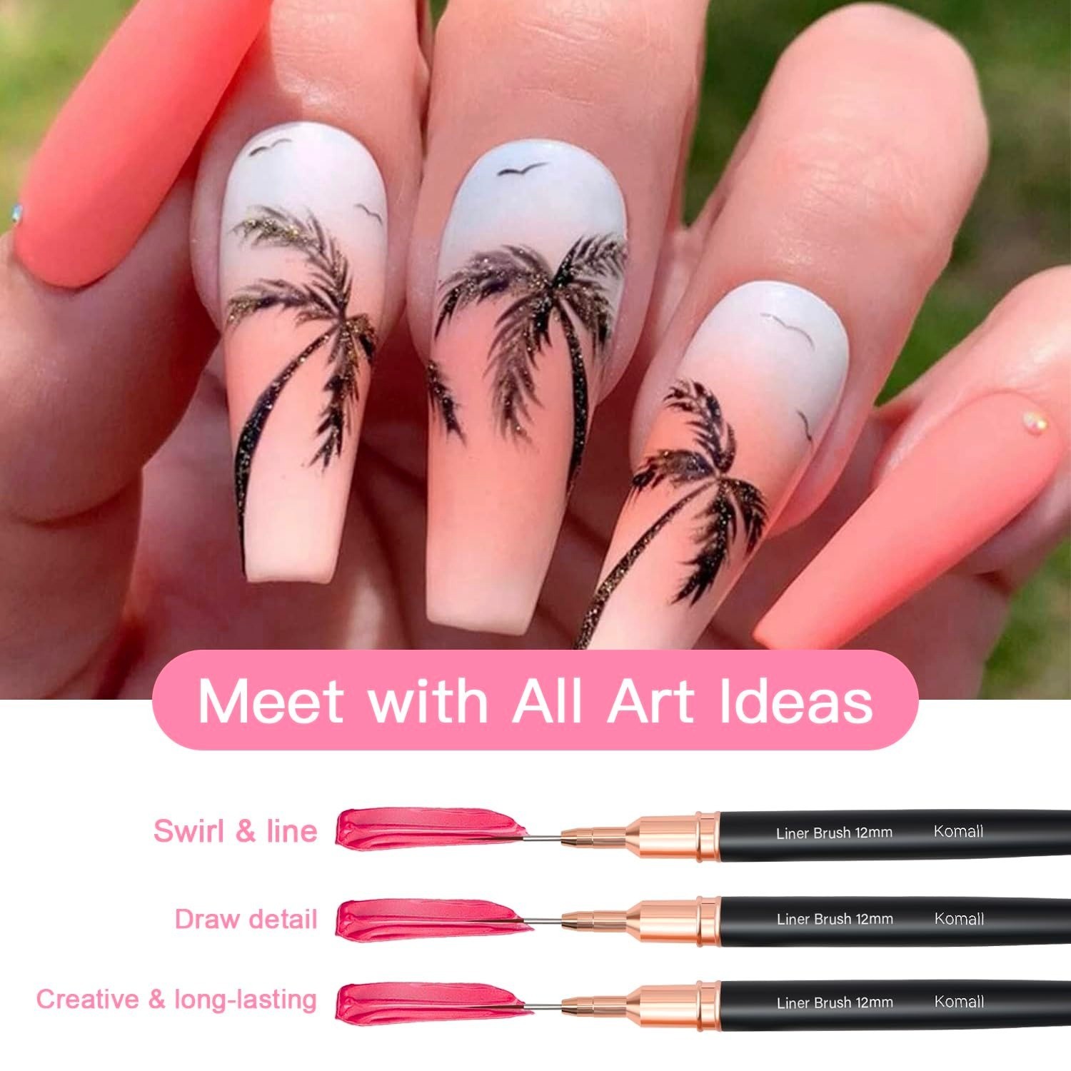 Komall Metallic Nail Art Brushes Set – 5 Pcs Liner Brushes for Detailing
