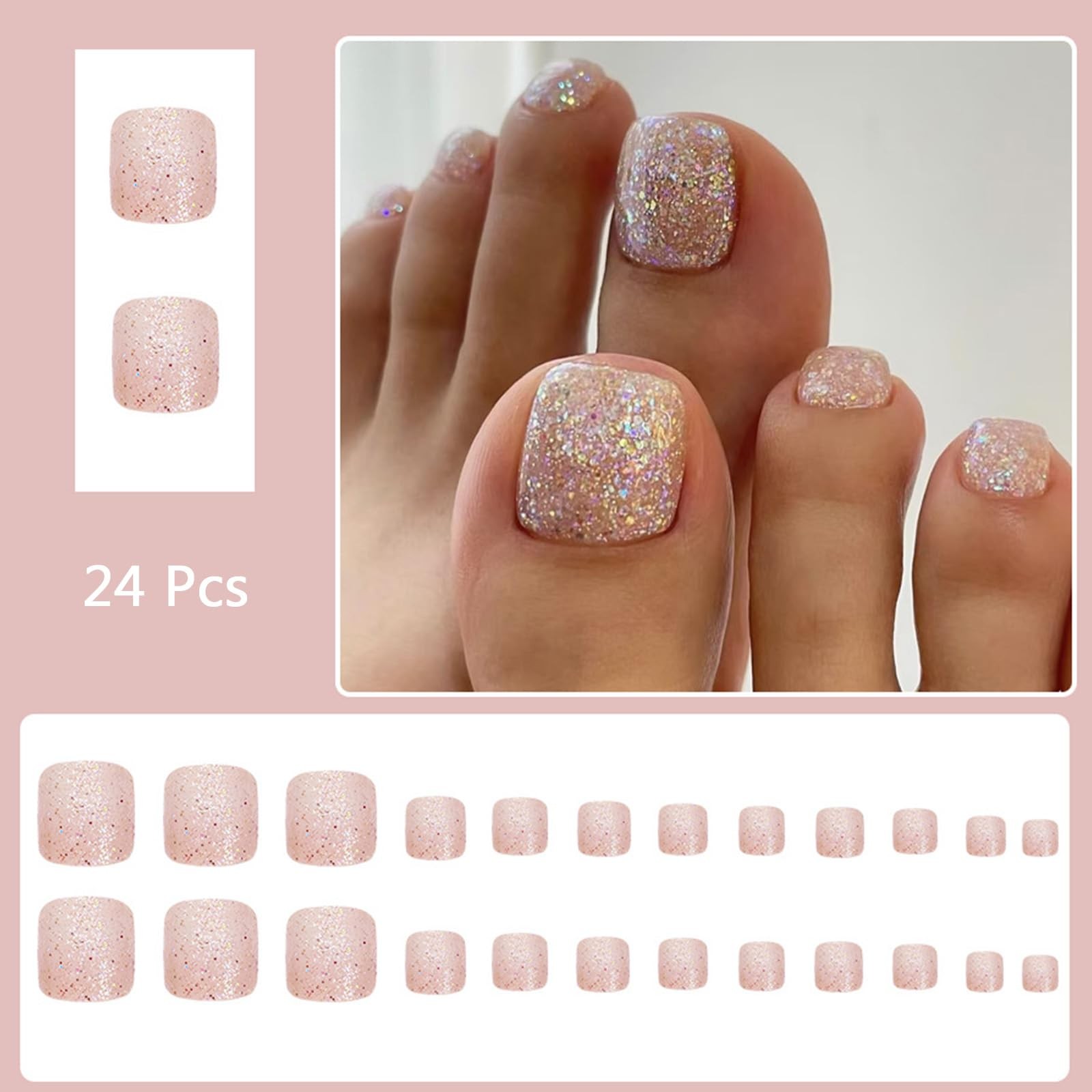Nude Glitter Press on Toenails Short Square 0.04 Fl Oz (Pack of 24), Pink