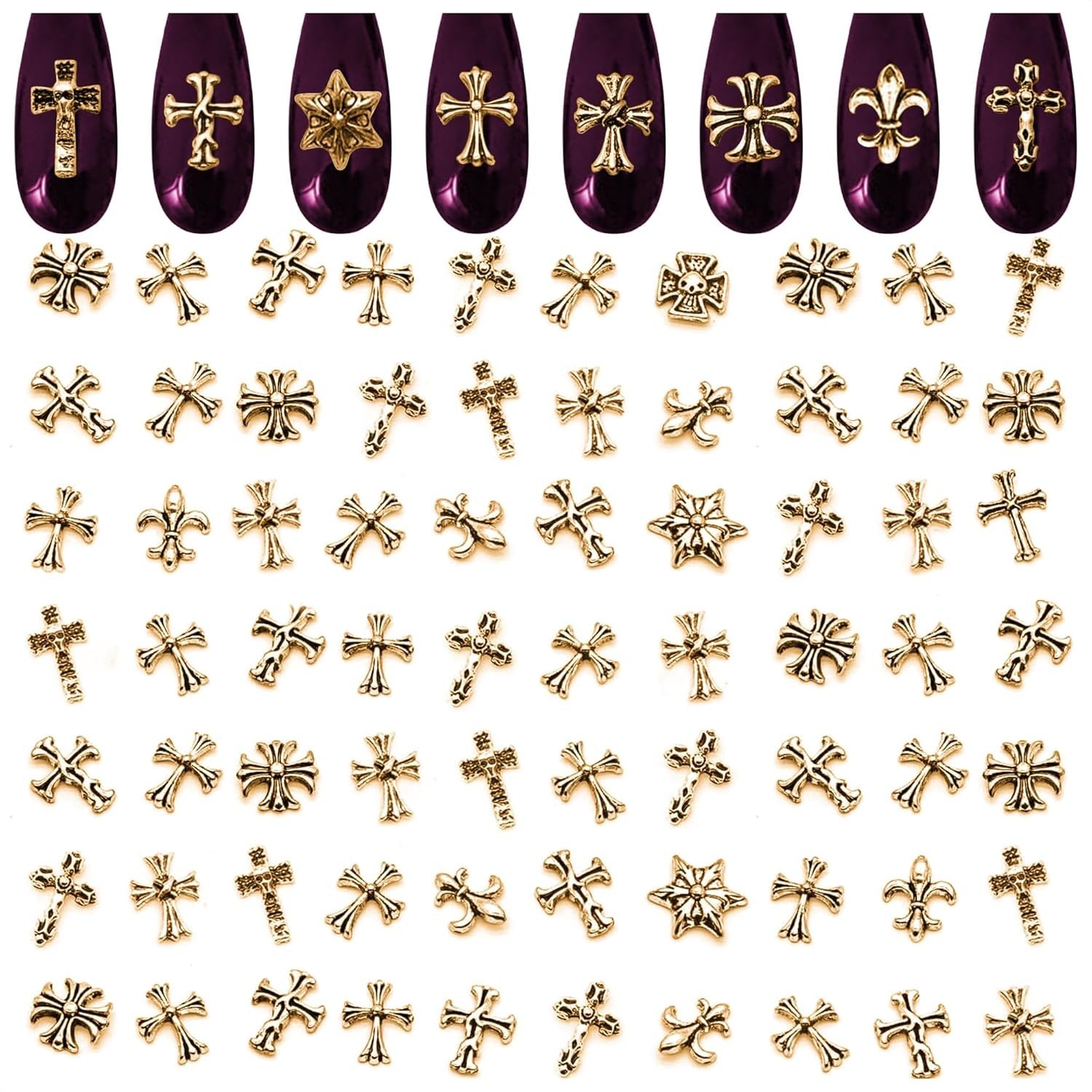Gold Cross Nail Charms – 100 Pcs Set Gold Nail Charms and Gems in Acrylic & M…