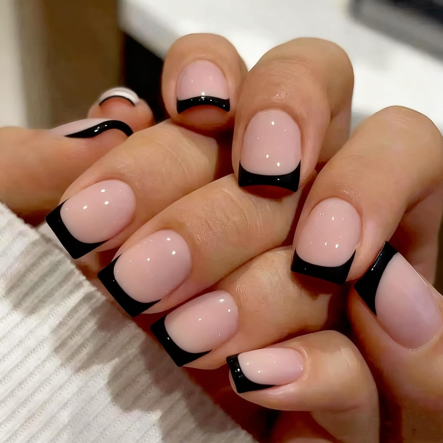 French Tip Press on Nails Short Square, Lime Green French Tip Nails with Natural