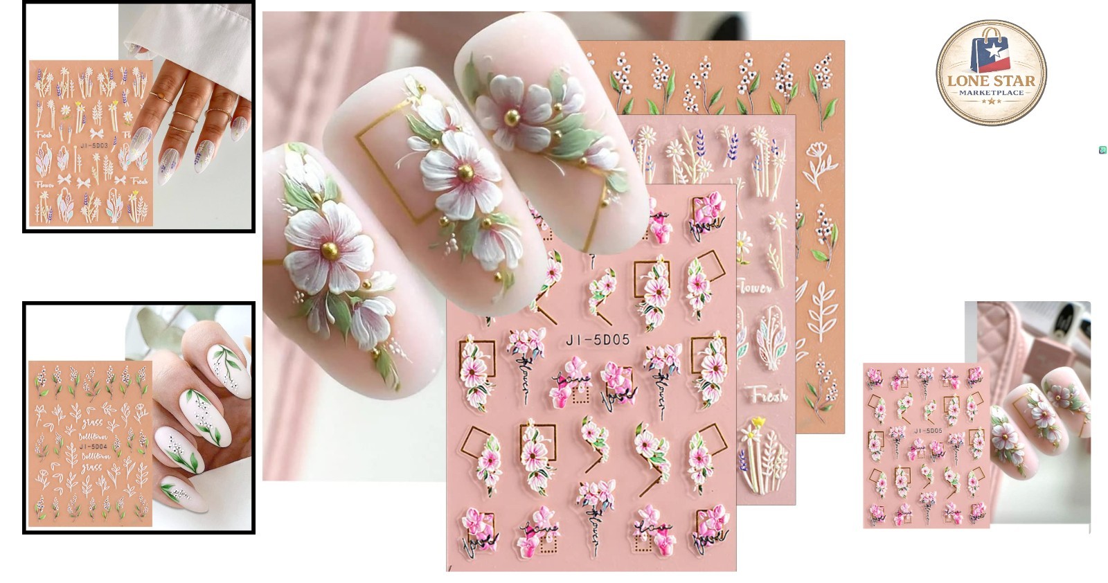 Self-Adhesive Summer Nail Art Stickers – 3D Floral & Leaf Patterns, Set of 4